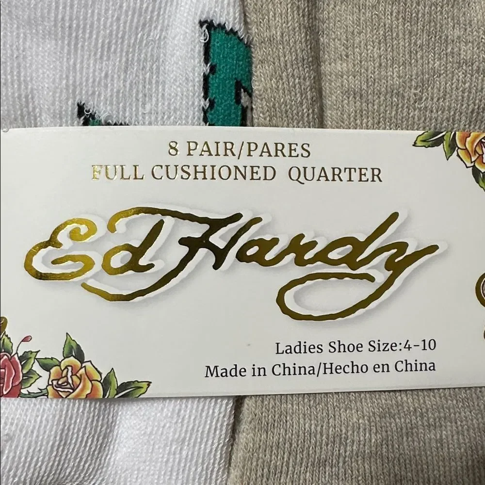 Ed Hardy White Black Tan Super Soft Tattoo Art Cushioned Quarter Socks 8 pack